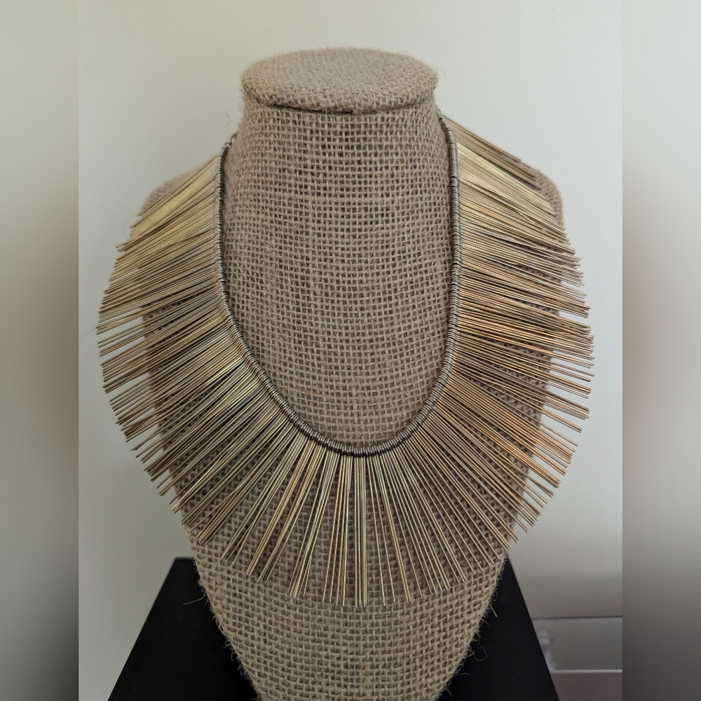 Vintage 1970's Gilt Metal Wire Needle Statement Necklace